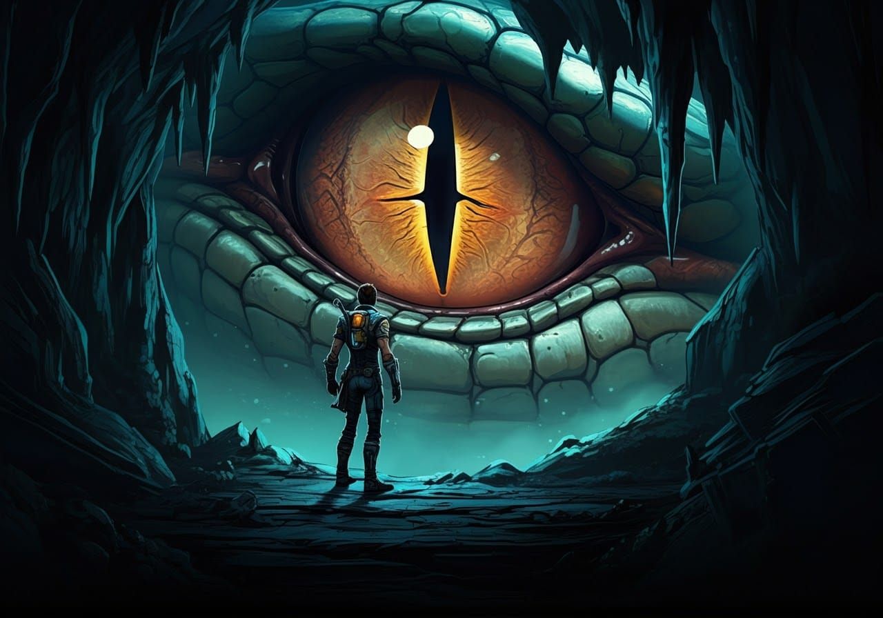 Adventurer and Giant Snake Eye in Borderlands Style