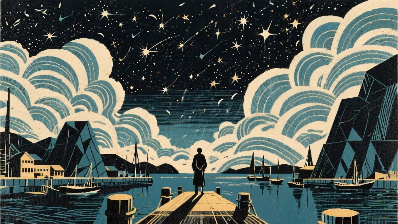 Starry Harbor Scene in Cubist Woodblock Style