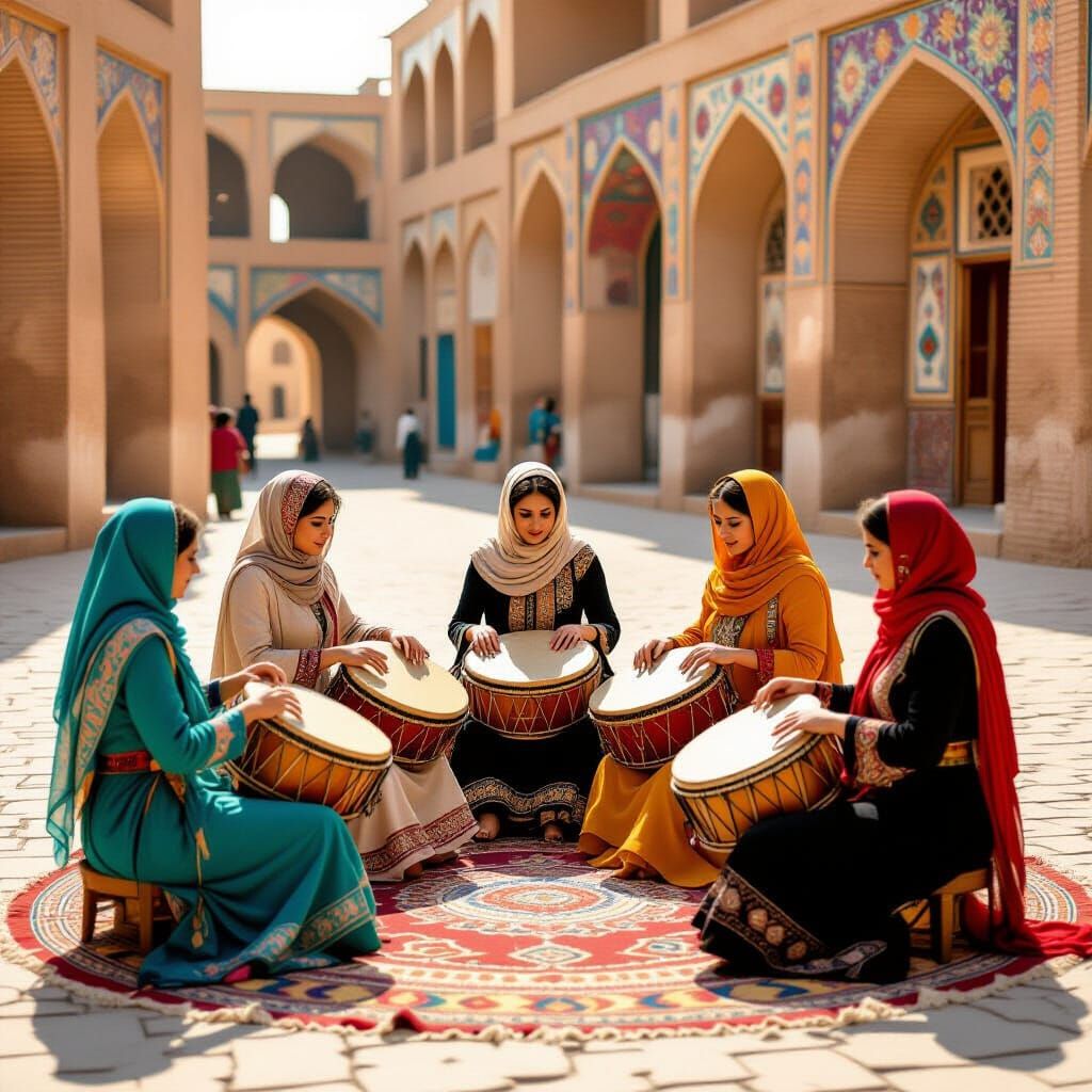 Iranian Women's Drum Circle in Earthy Tones
