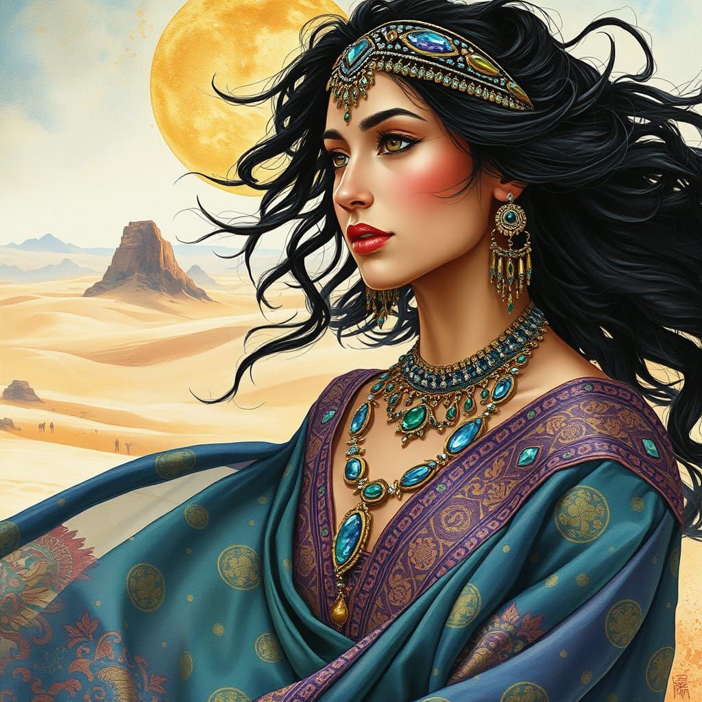 Nomadic princess with raven hair, tribal jewelry, flowing si...