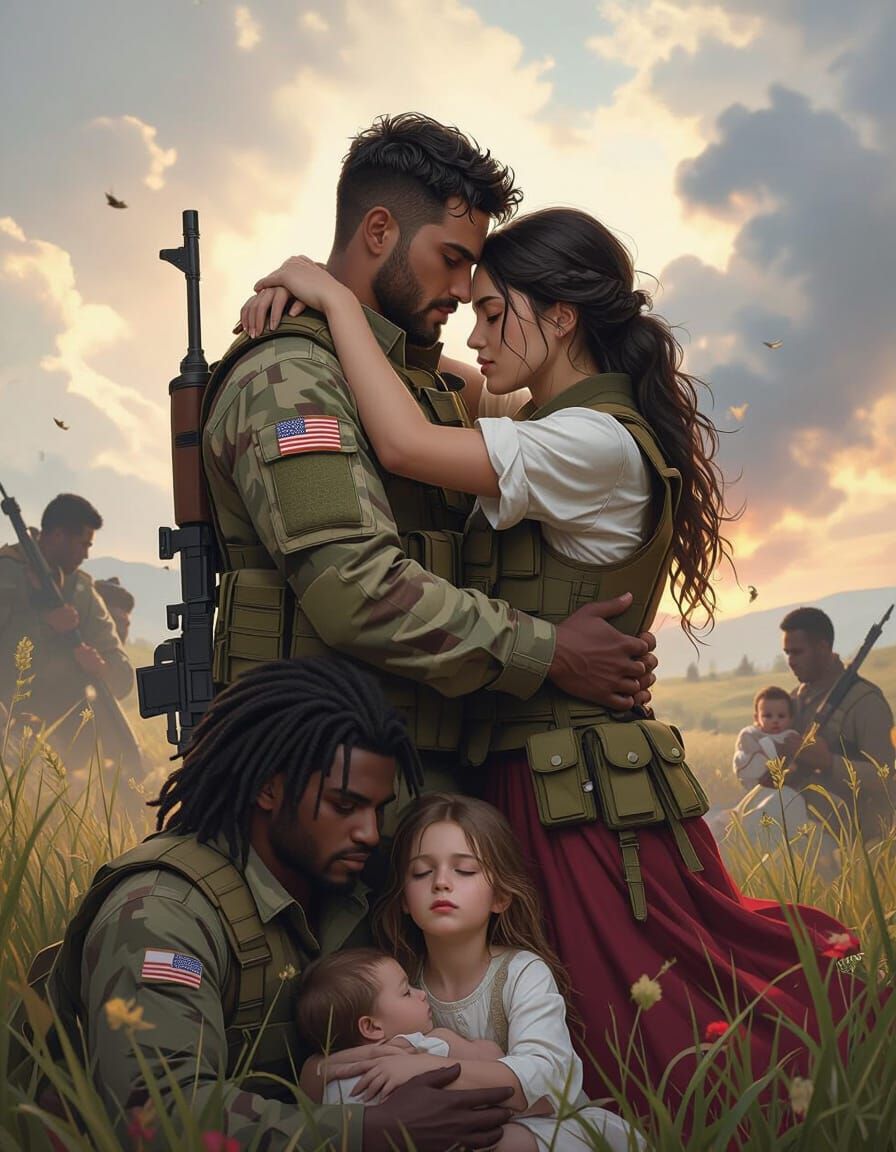 Soldiers Embrace at Border in Ornate Art Style