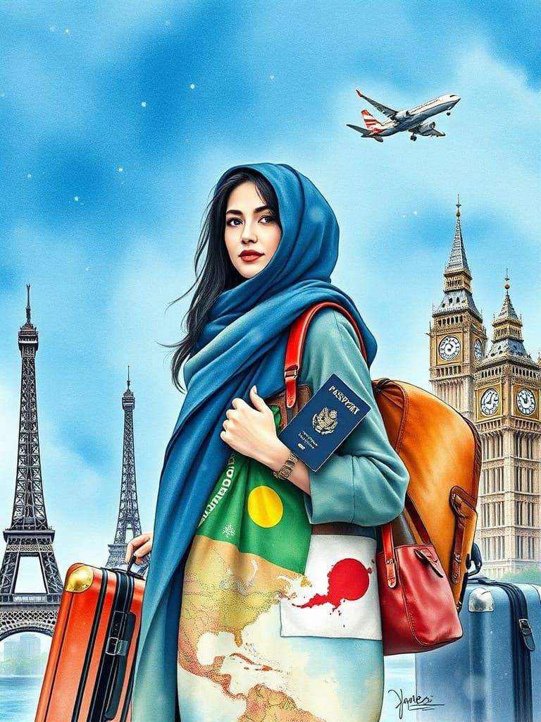 Globe-Trotting Woman in a Whimsical Watercolor Wonderland