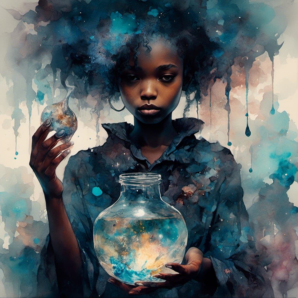 Anime Alchemist with Potion in Macabre Alcohol Ink Style