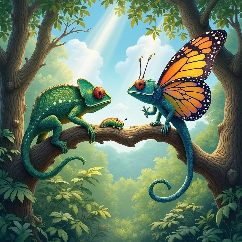 Chameleon with Butterfly Wings in Tropical Forest
