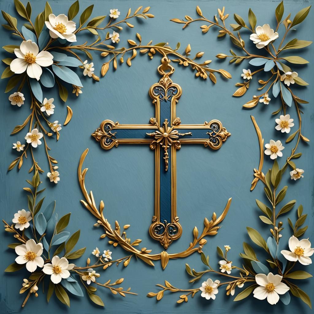 Antique Cross with Flowers on Blue Banner