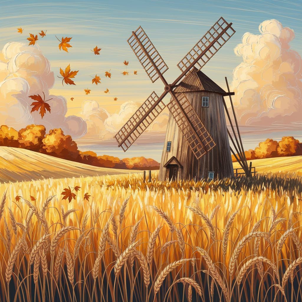 Rustic Windmill in Golden Autumn Field, Watercolour and Impa...