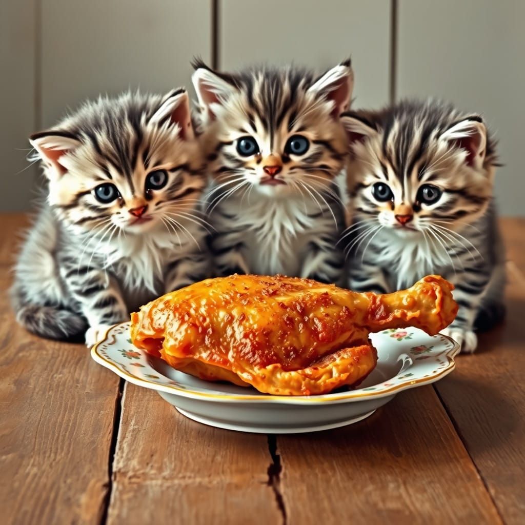 Whimsical Kittens Crave Fried Chicken in Warm Rustic Setting