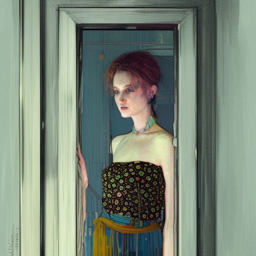 Detailed Portrait of Woman in Doorway, Illustration