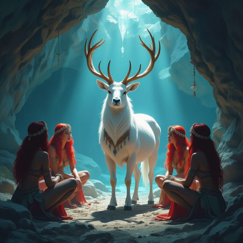 Majestic Jeweled Stag with Tribal Women