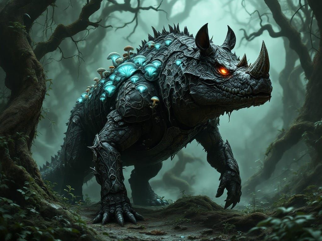 Gothic Rhino-Alligator Hybrid in Ancient Forest