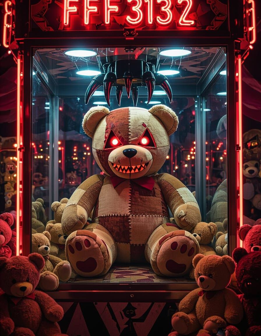 Sinister Carnival Claw Machine with Patchwork Teddy Villain