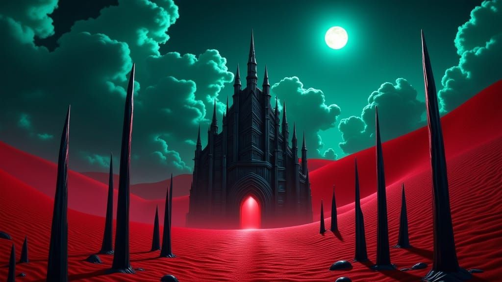 Crimson Desert Gothic Castle Under Electric Blue Sky