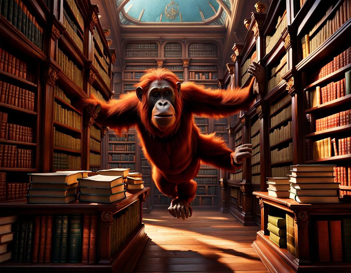 Orangutan Librarian Leaping Through Endless Bookshelves