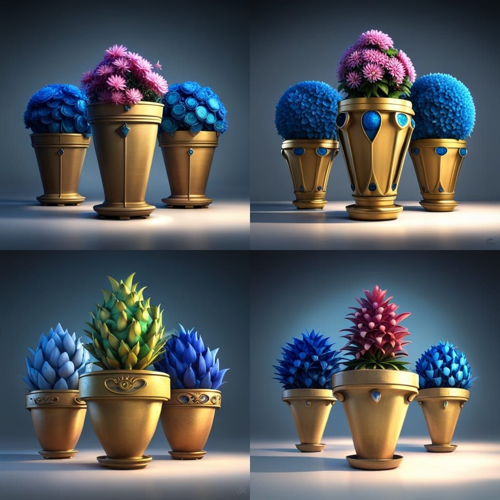 Gold Flower Pots with Gems: 3D Digital Art