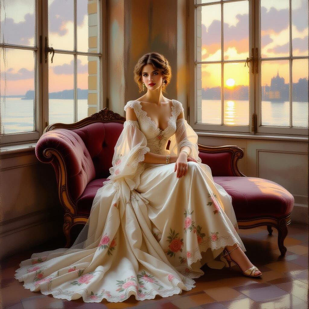 Impressionist Painting of Elegant Woman on Velvet Chaise