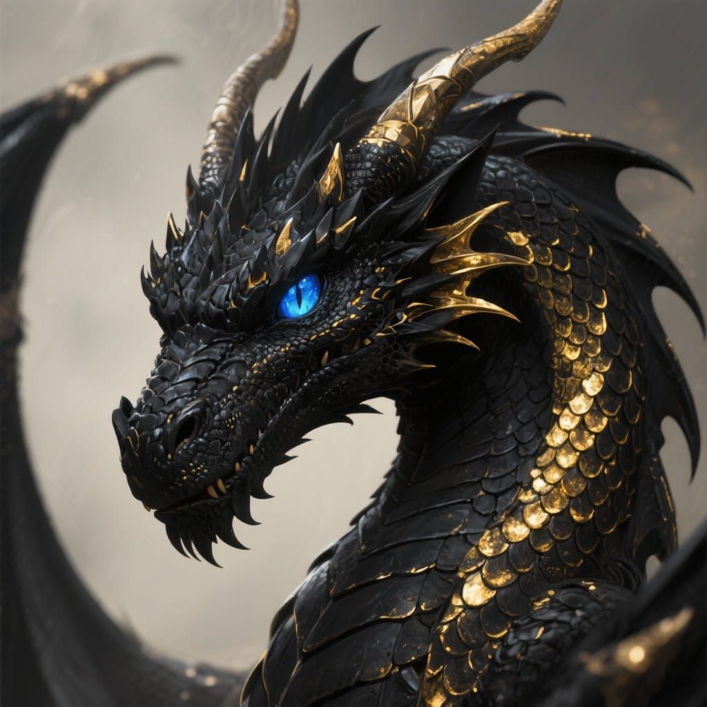 Majestic Black Dragon with Gold Shimmering Scales