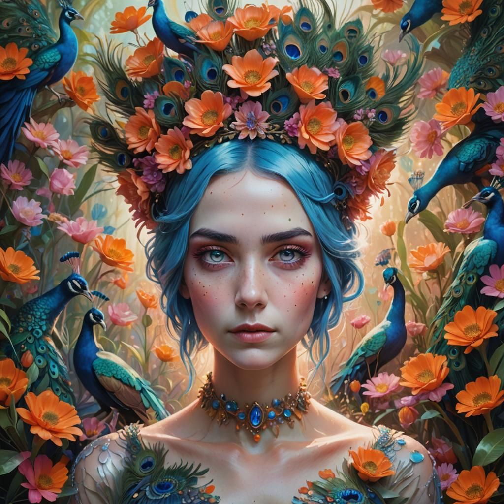 Ethereal Woman with Peacock Feathers in Dreamlike Portrait