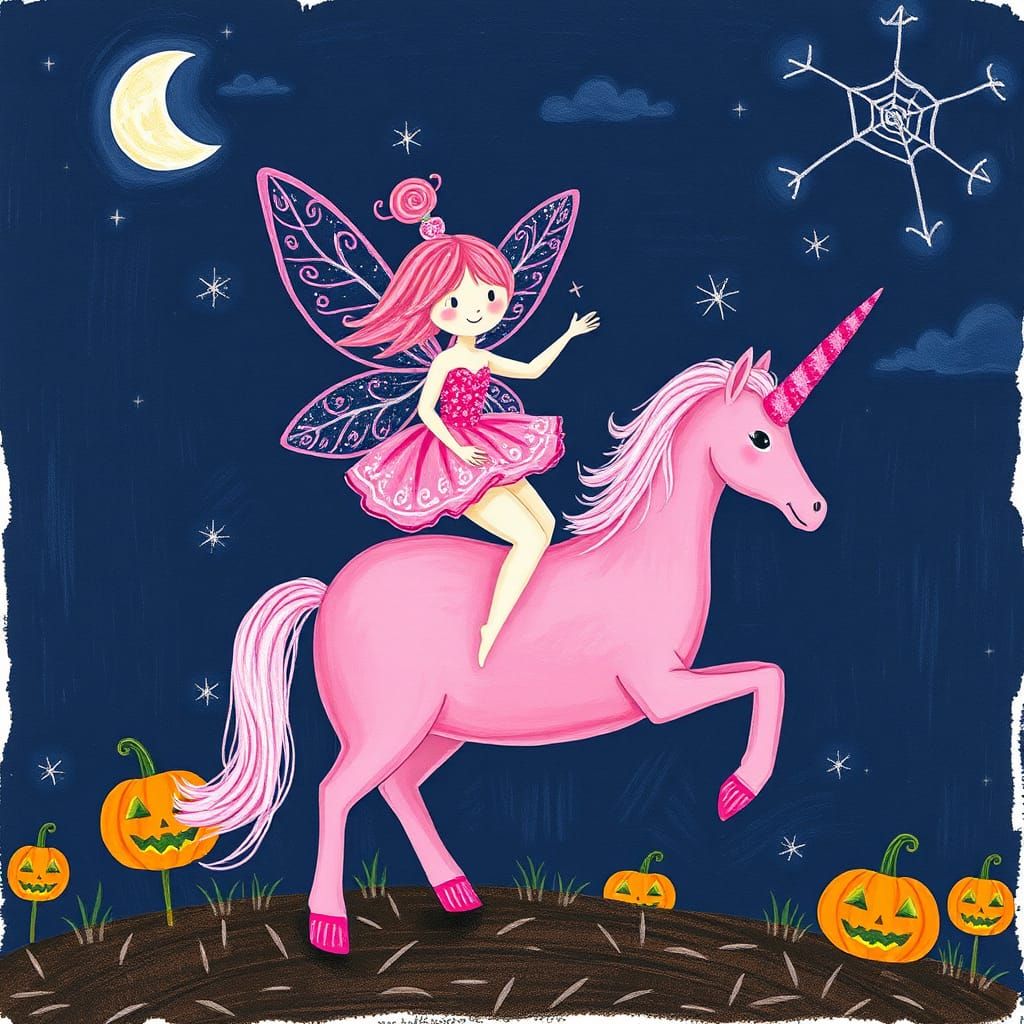 Crude child-like drawing pink fairy riding a ( pink unicorn with a
Pink horn )on Halloween night done in crayons