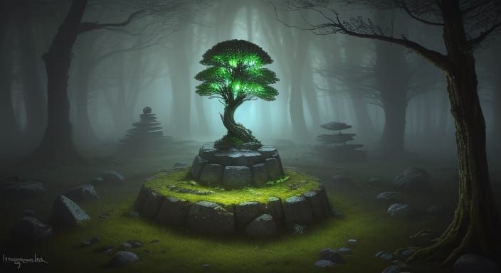 Mysterious Glowing Stone in Ancient Forest Clearing