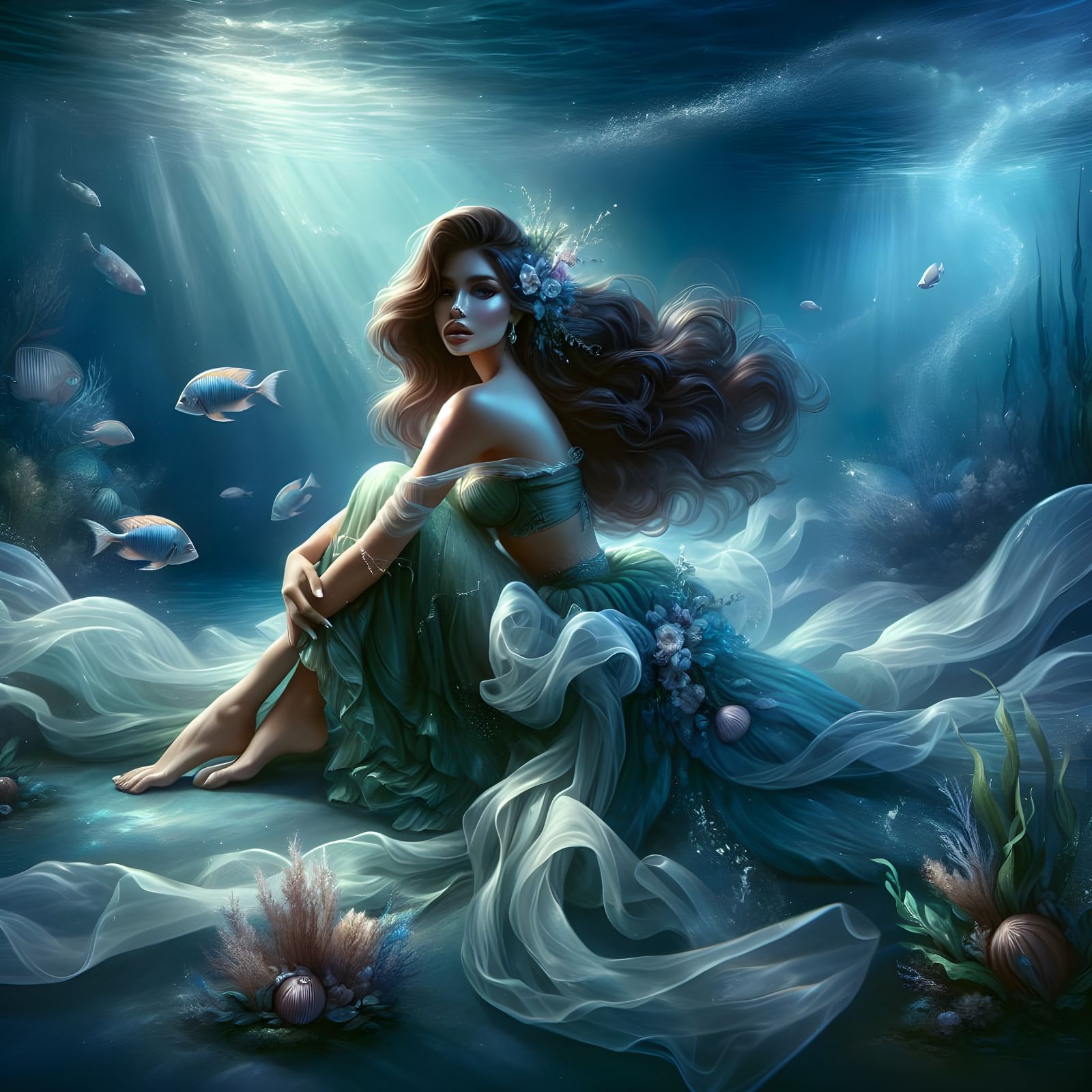 Ethereal Hispanic Mermaid in Enchanted Aquatic Realm