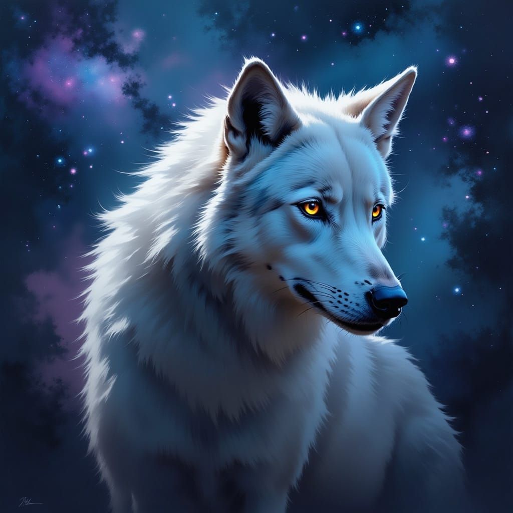 Galactic Wolf With Glowing Eyes in Nebula