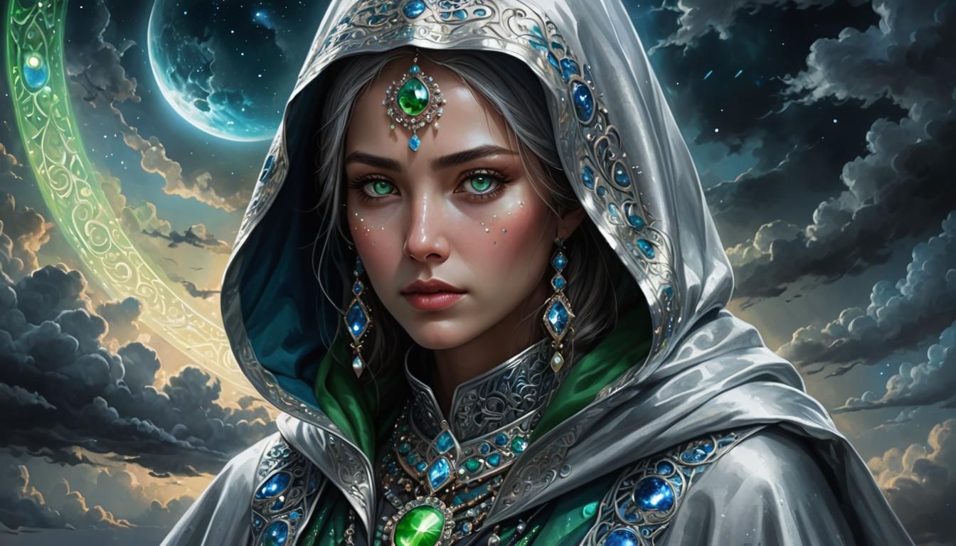 Silver Hooded Woman with Celestial Glow, Digital Painting