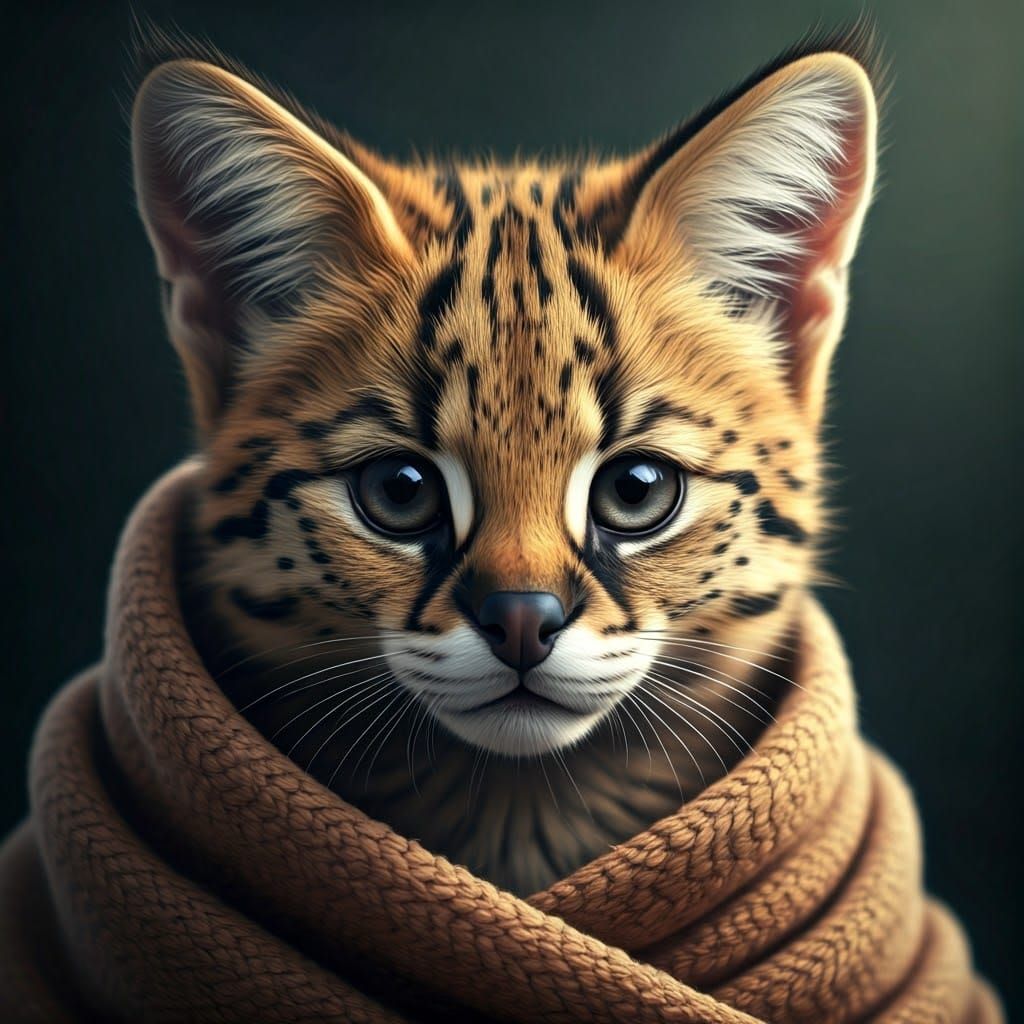 Realistic Serval Kitten Portrait with Blanket
