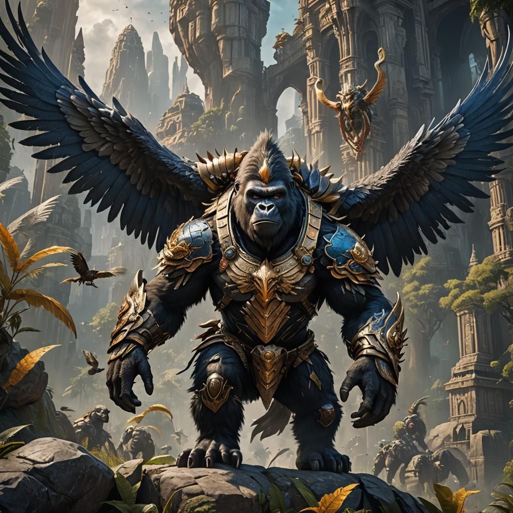 Armored Gorilla with Eagle Wings, Detailed Matte Painting