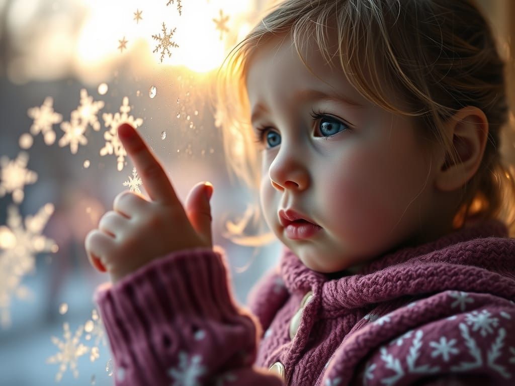 Toddler Girl Gazes at Frosty Window in Soft Winter Light
