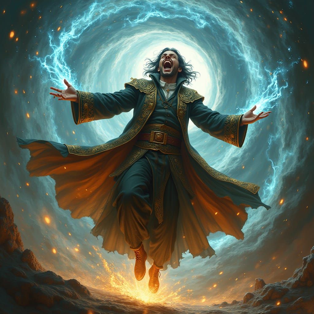 A mad mage levitates amidst a swirling vortex of arcane ener...