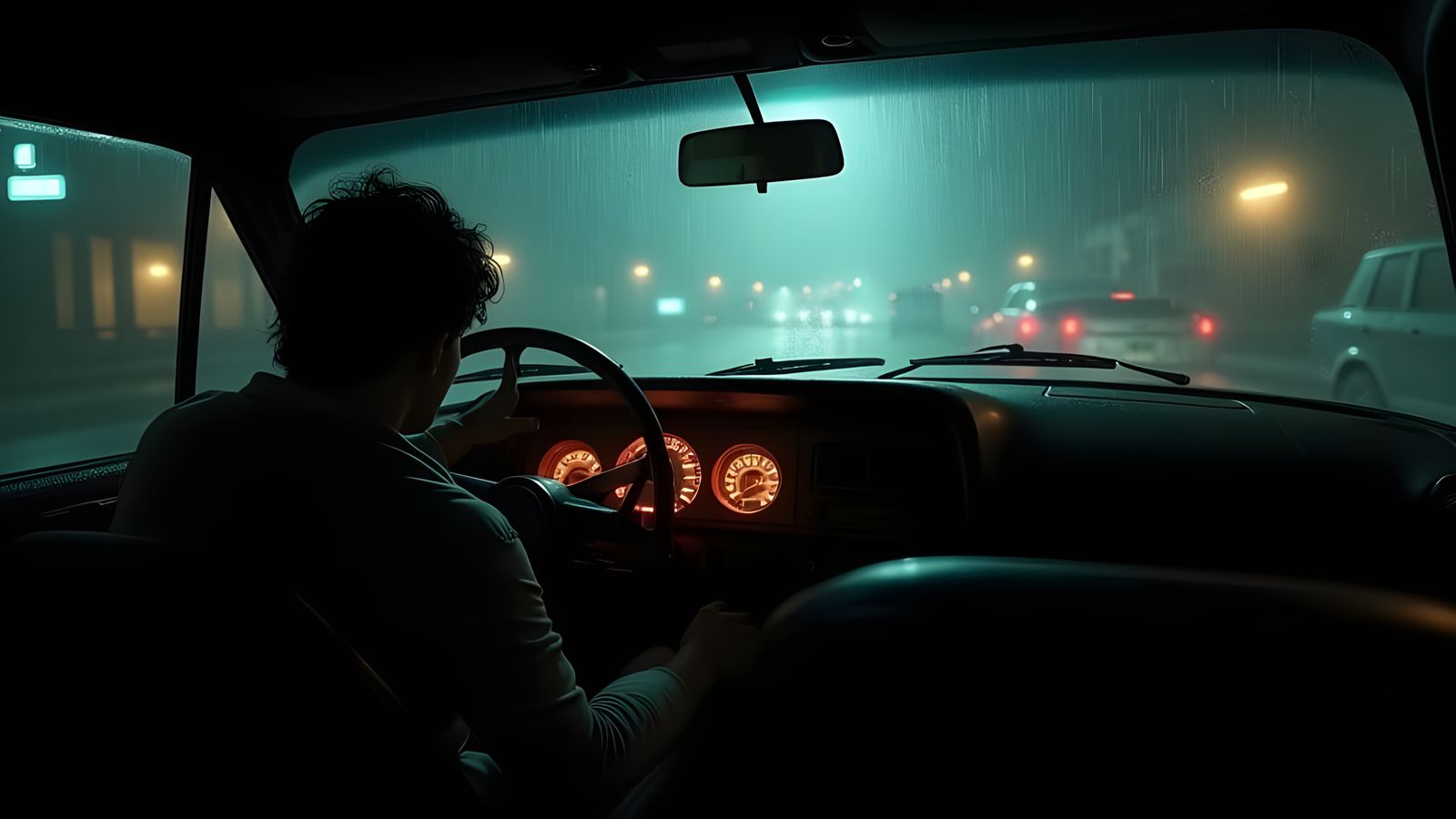 A Rainy Midnight Drive Through City Streets in a Weathered C...