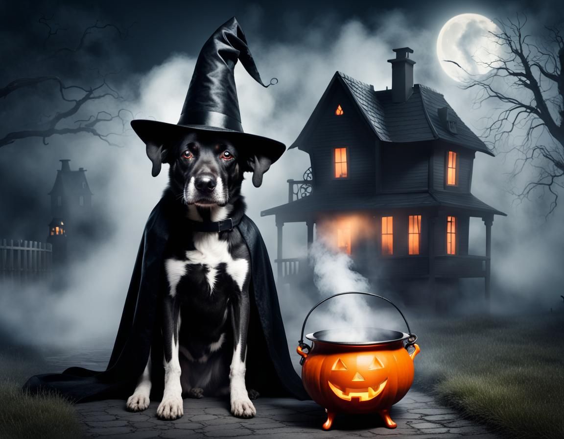 Halloween Dog with Cauldron in Misty Night