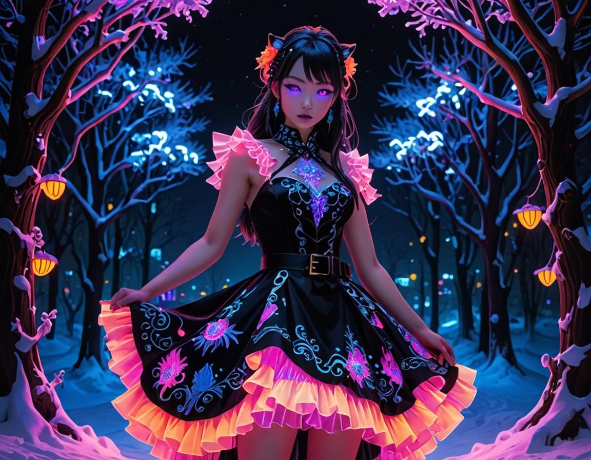 Neon Winter Landscape with Pastel Goth Anime Dress