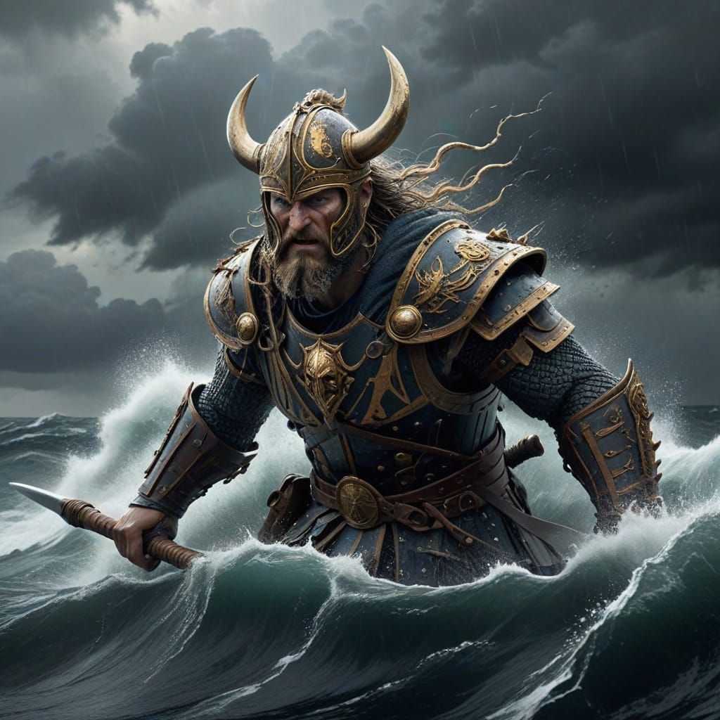 Viking Longship Battles Turbulent Seas in Oil Painting