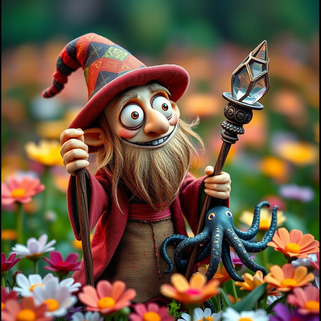 Whimsical Wizard and Octopus in Stop-Motion Style