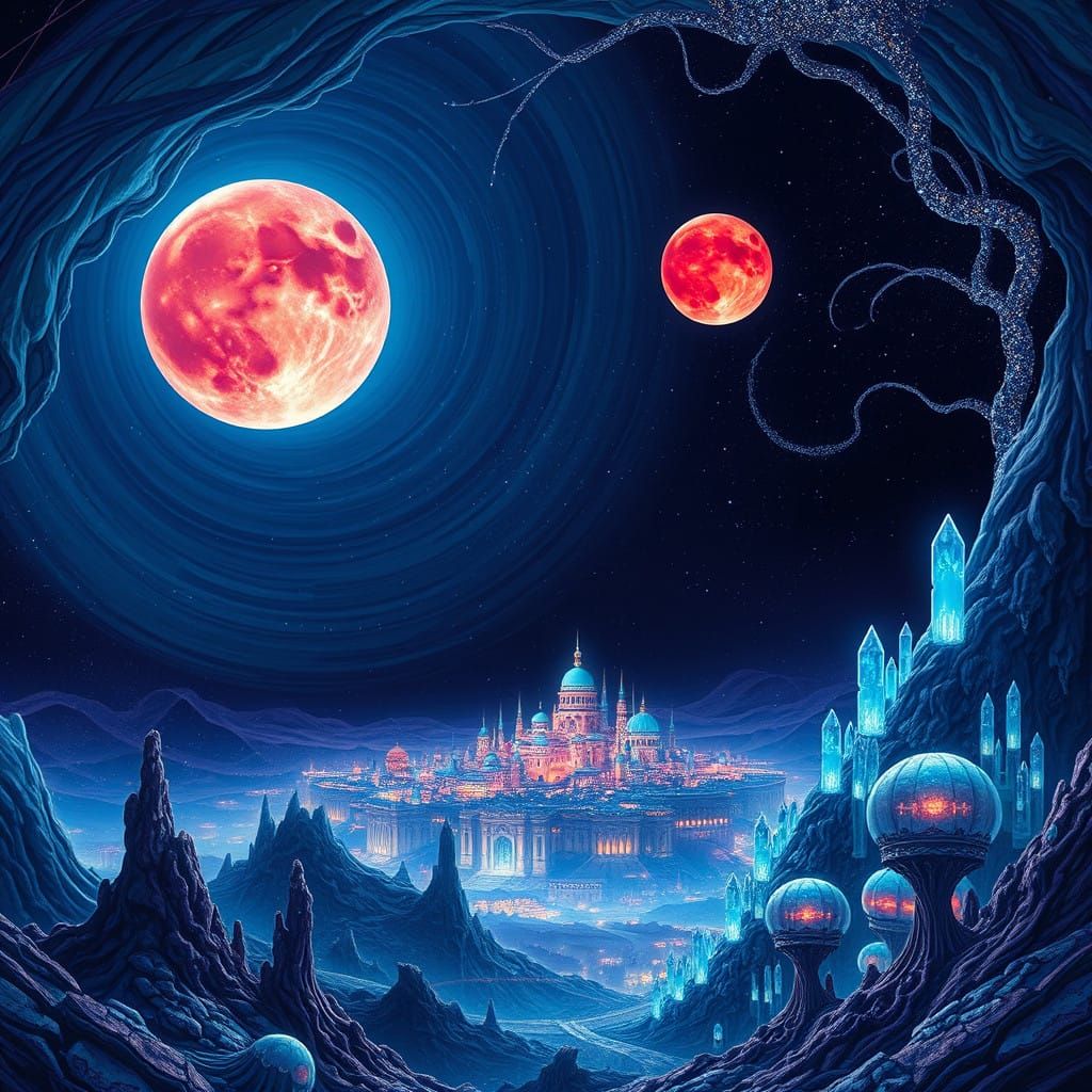 Ethereal Alien Cityscape under Twin Moons