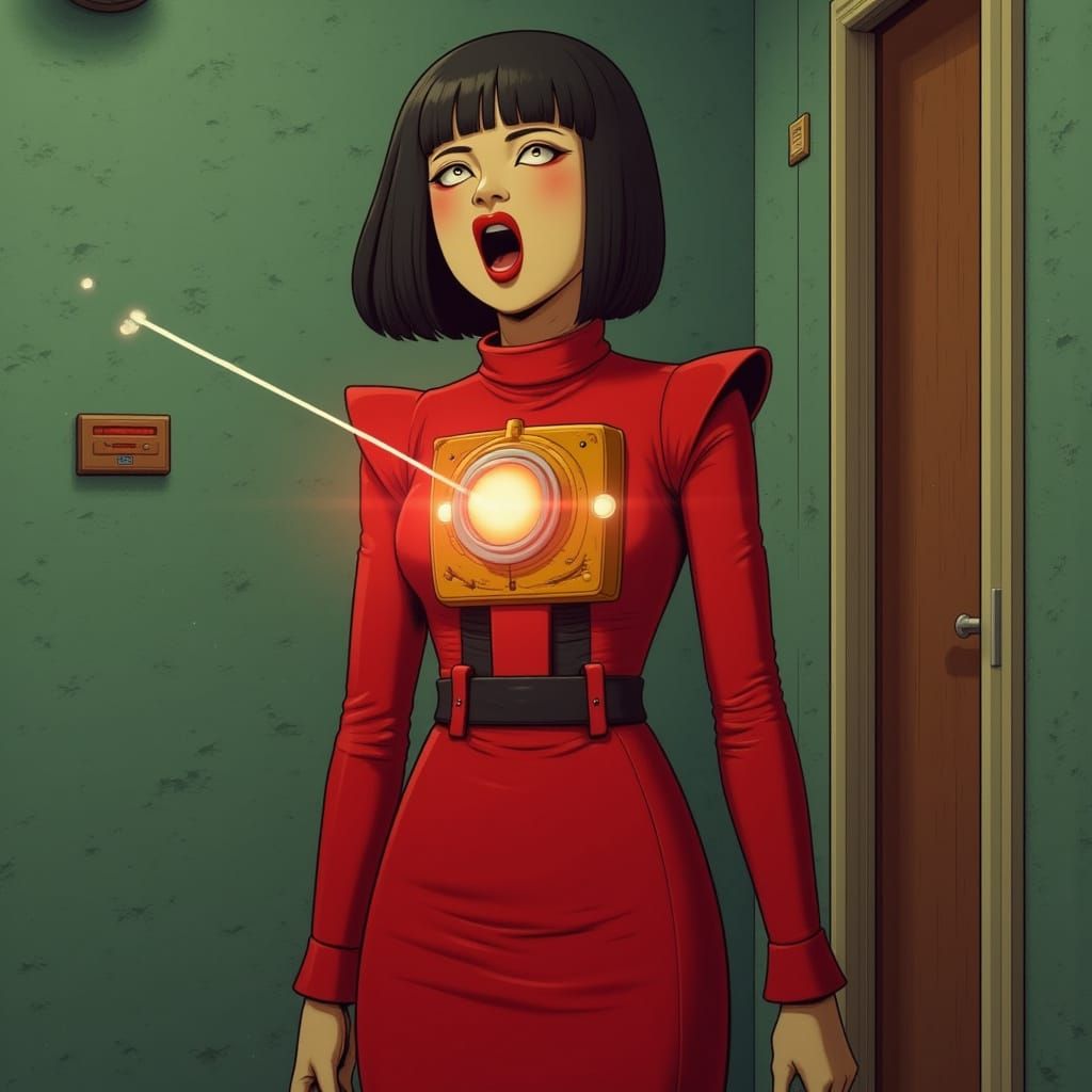 Woman in Red Dress Shouts Amidst Futuristic Scene