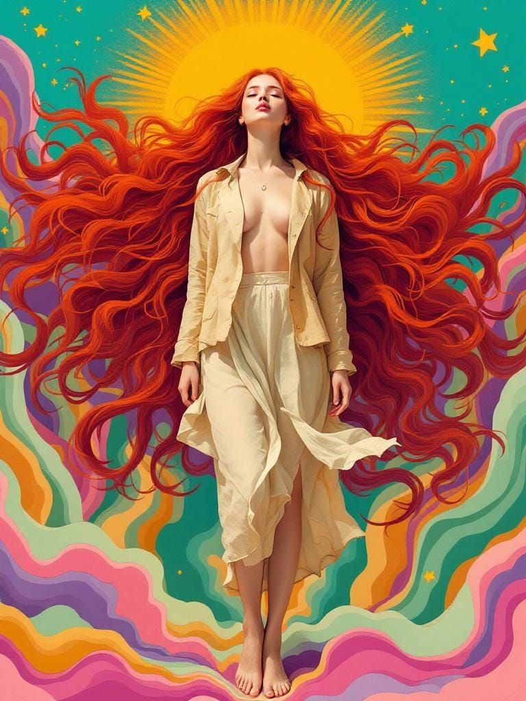 Radiant Woman in Art Nouveau Pop-Art Dreamscape