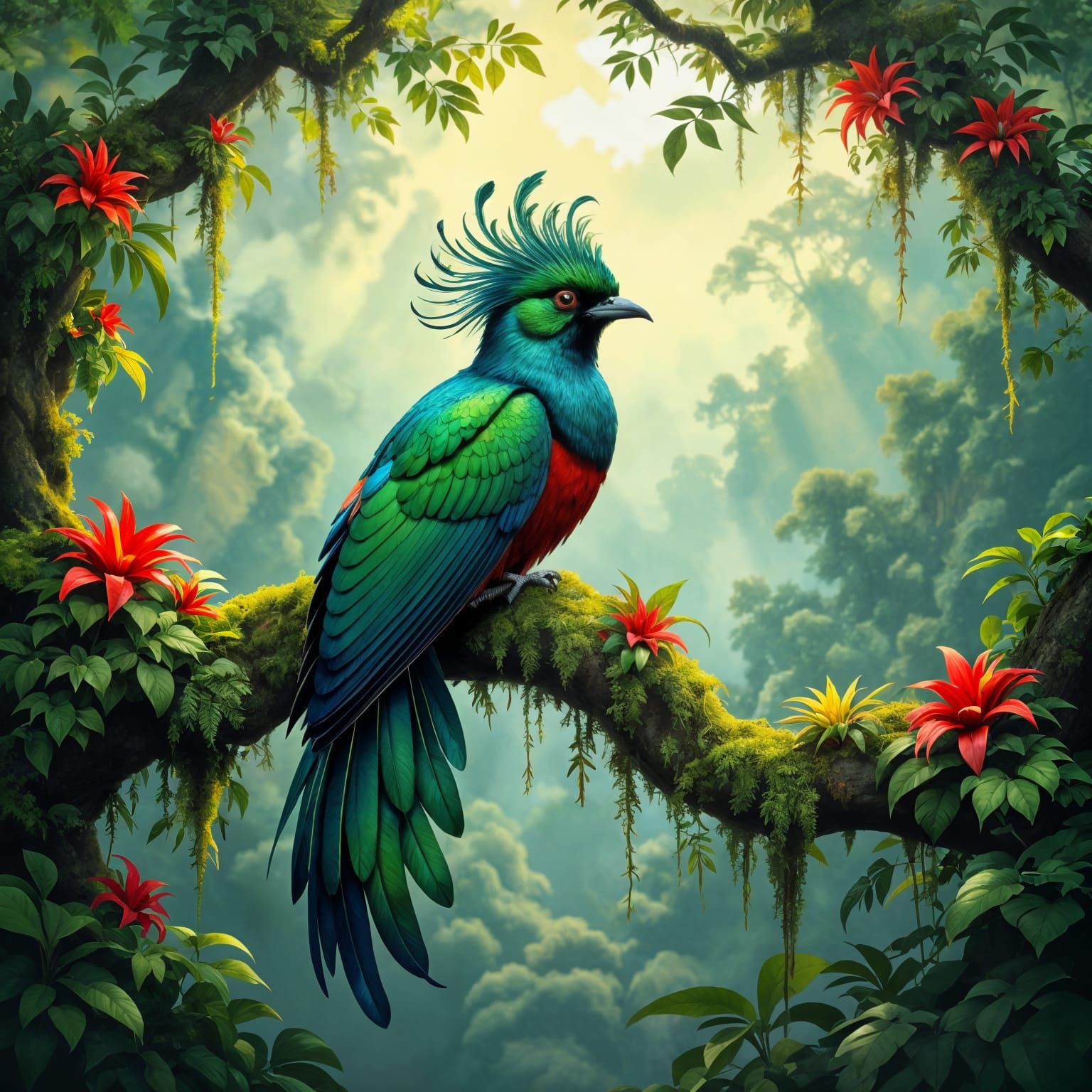 Magnificent Resplendent Quetzal in Misty Cloud Forest