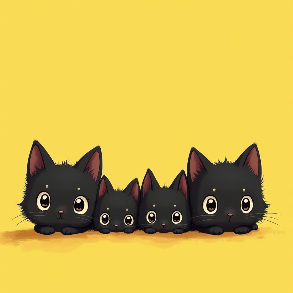 Endless plains stretch out 

four  adorable animated black thin fur kittens, oversized round eyes, large pointy ears, an...