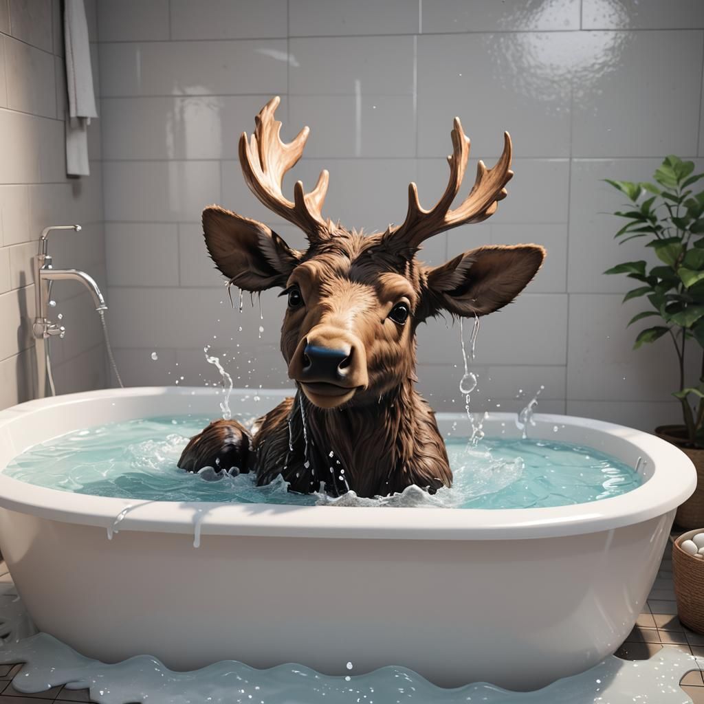 Baby Moose Splashing: 3D Anime Art