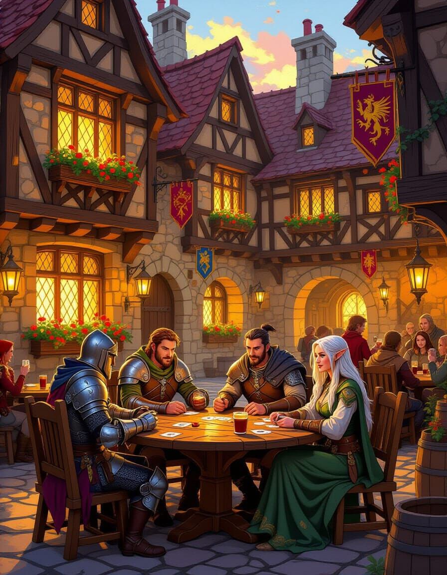 Medieval Tavern Scene with Adventurers Playing Cards