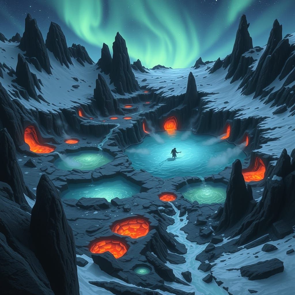 Cratered Landscape with Steaming Vents and Basalt Spires