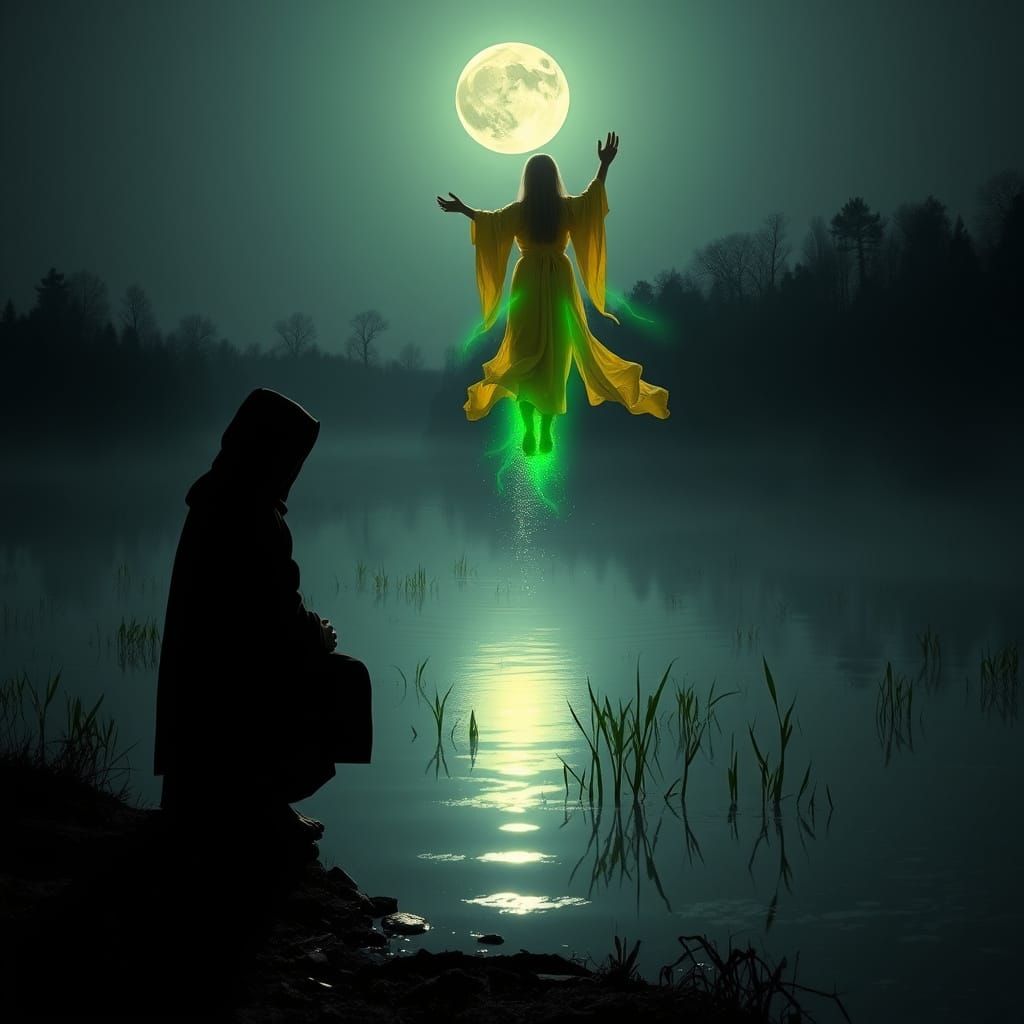Monk and Spirit Woman Under Full Moon