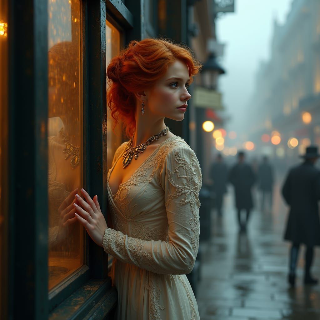 Victorian Woman in Rainy London Street