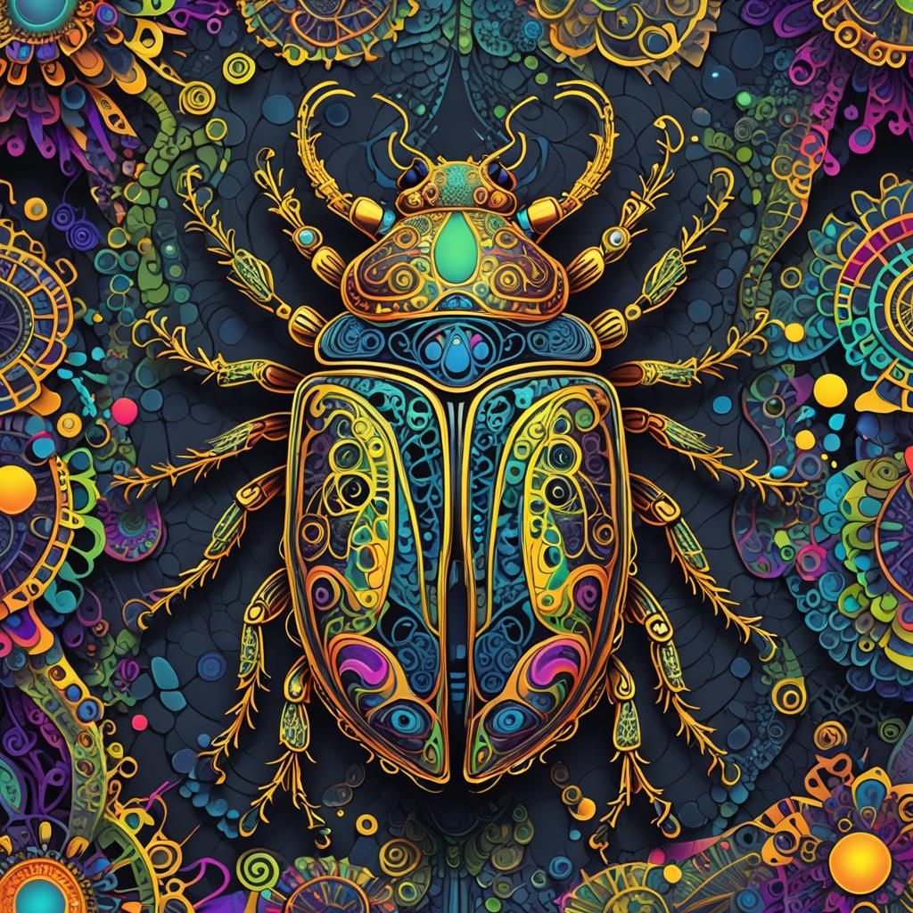 Neon Psychedelic Beetle with Abstract Fractal Design