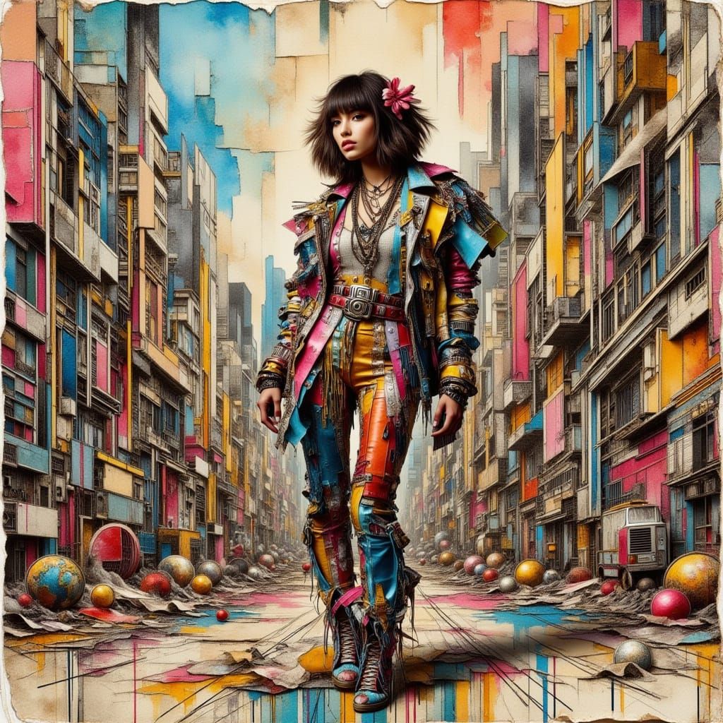 Woman in eclectic outfit, posing in a gritty, urban landscap...