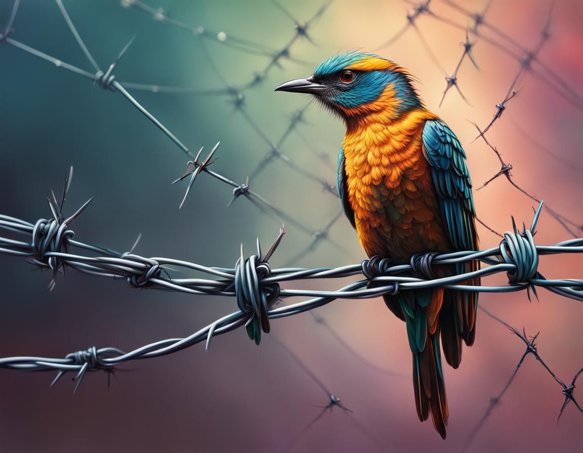 Oriole on Barbed Wire in Hyperrealistic Splash Art