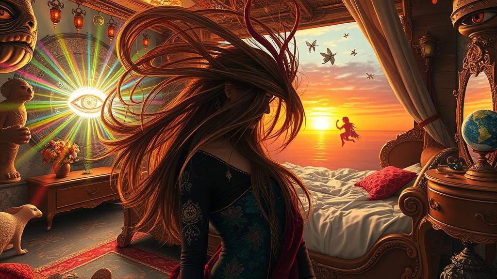 Surreal Squarepants Woman in Gravity-Free Simulation