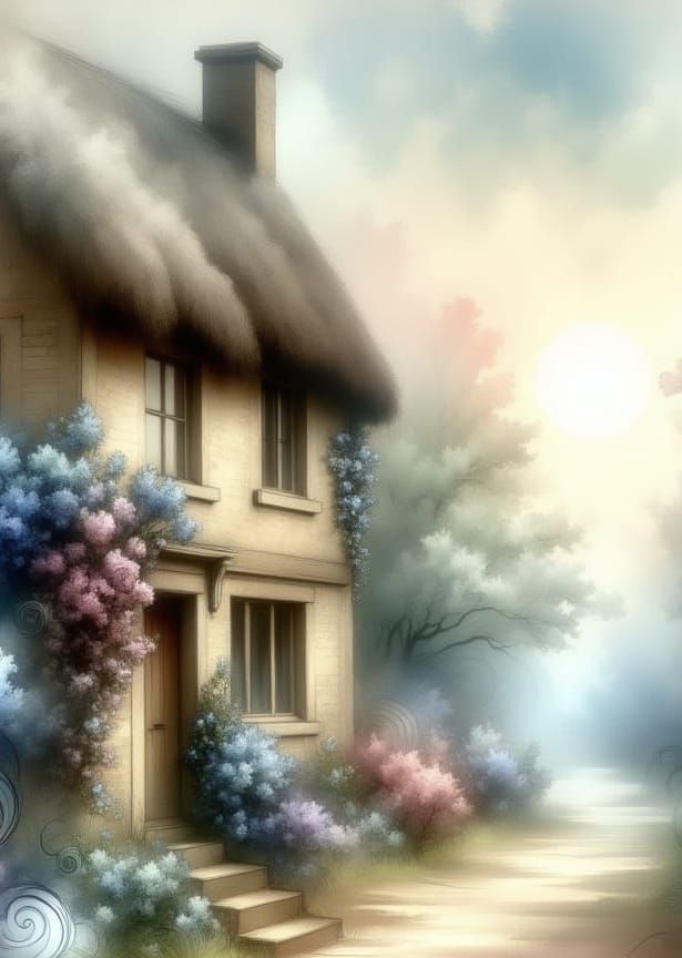 English Cottage in Alcohol Ink Art Style